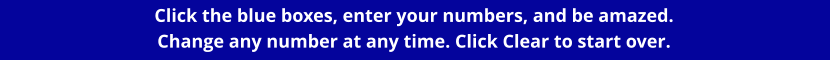 Click the blue boxes, enter your numbers, and be amazed.   Change any number at any time. Click Clear to start over.