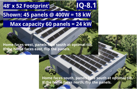 Home faces south, panels face south at optimal tilt.  If the home faces north, flip the panels. Full Solar  Home.  Home faces west, panels face south at optimal tilt.  If the home faces east, flip the panels. Full Solar  Home. IQ-8.1 Shown: 45 panels @ 400W = 18 kW      Max capacity 60 panels = 24 kW 48’ x 52 Footprint’